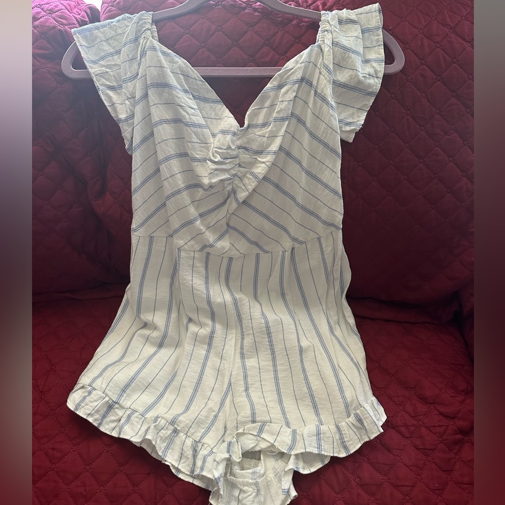 White and blue striped romper